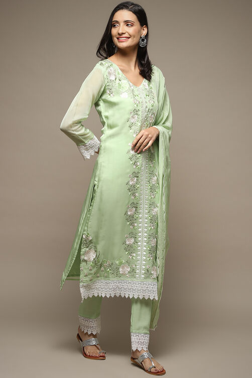 Green Organza Lace Unstitched Suit Set image number 7
