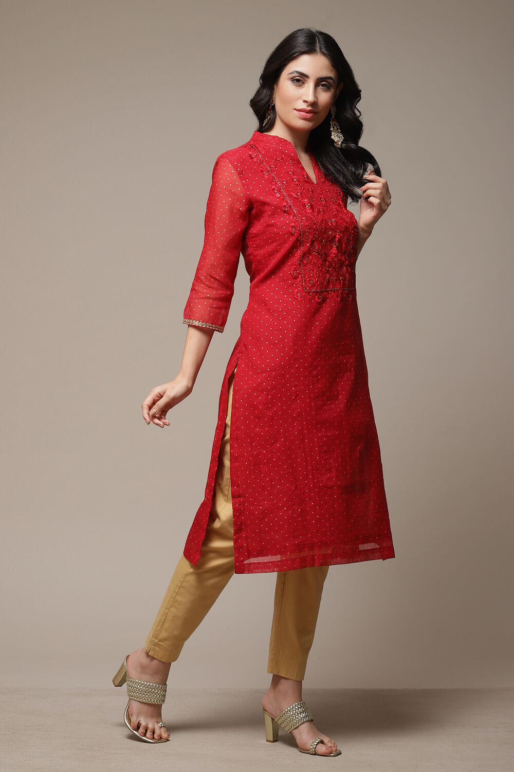 Red Art Silk Straight Printed Kurta image number 4