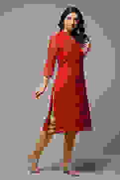 Red Art Silk Straight Printed Kurta image number 4