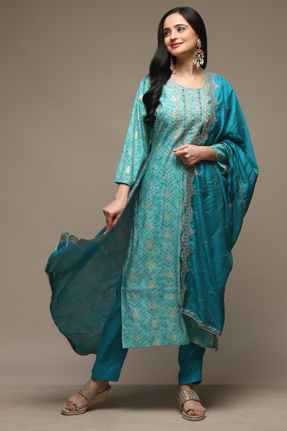 Blue Modal Machine Embroidered Unstitched Suit Set image number 1