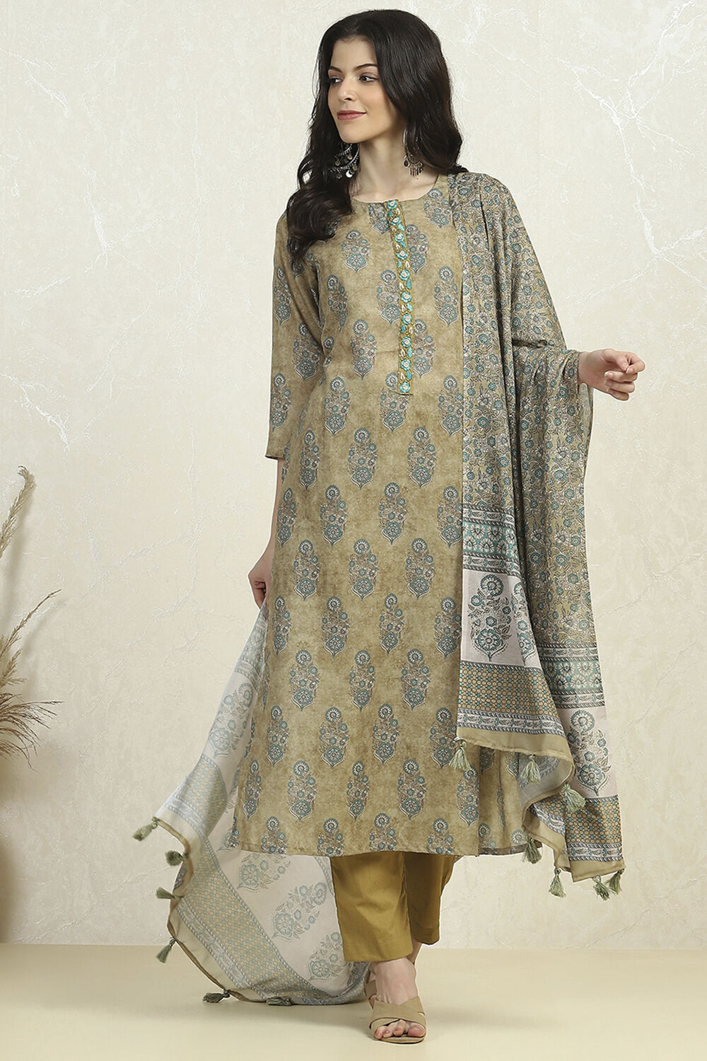 Lime Green Cotton Digital Print Unstitched Suit Set image number 1