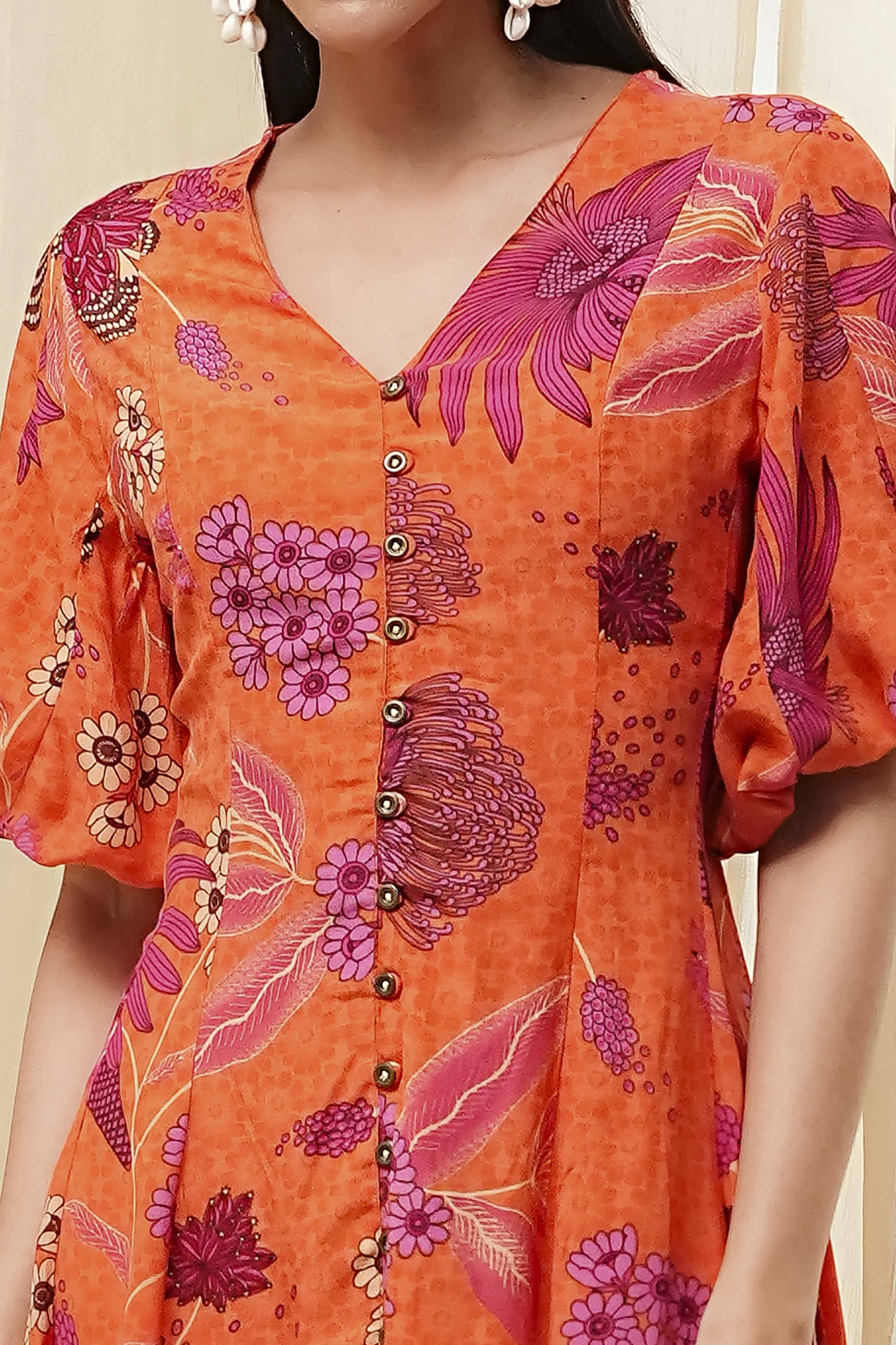 Orange Floral Printed Flared Dress image number 1