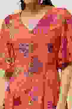 Orange Floral Printed Flared Dress image number 1