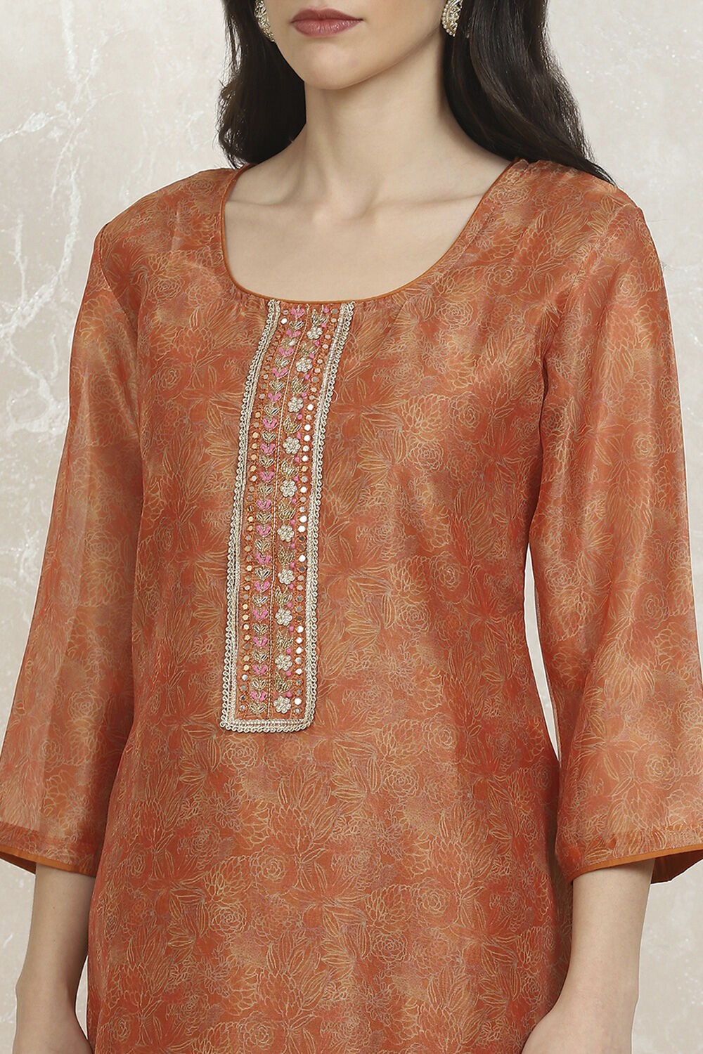 Orange Chanderi Unstitched Suit Set image number 2