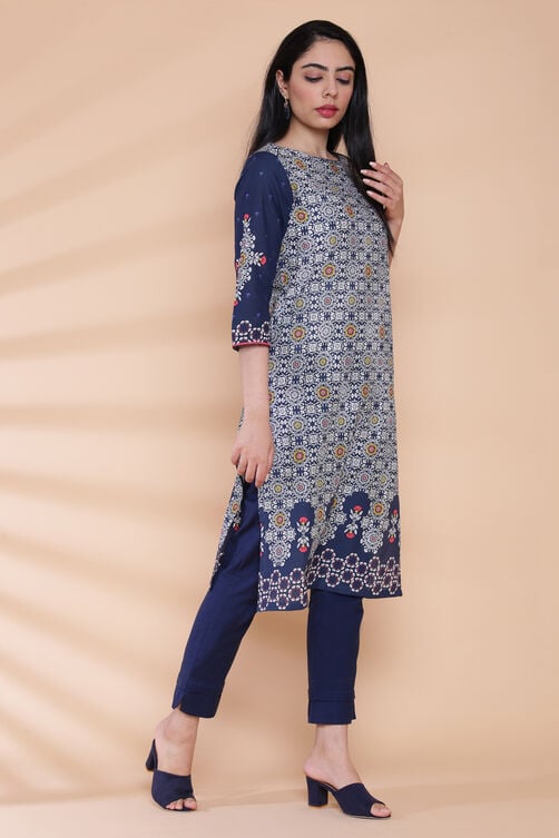 Navy Blue Cotton Straight Printed Kurta image number 3