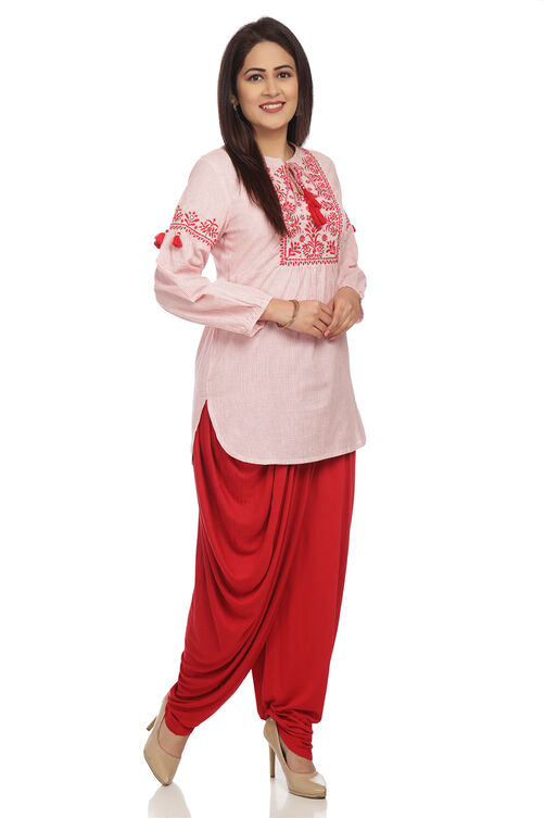 Red Cotton Short Kurta & Pants Set Kurta Dhoti Pants Suit Set image number 2
