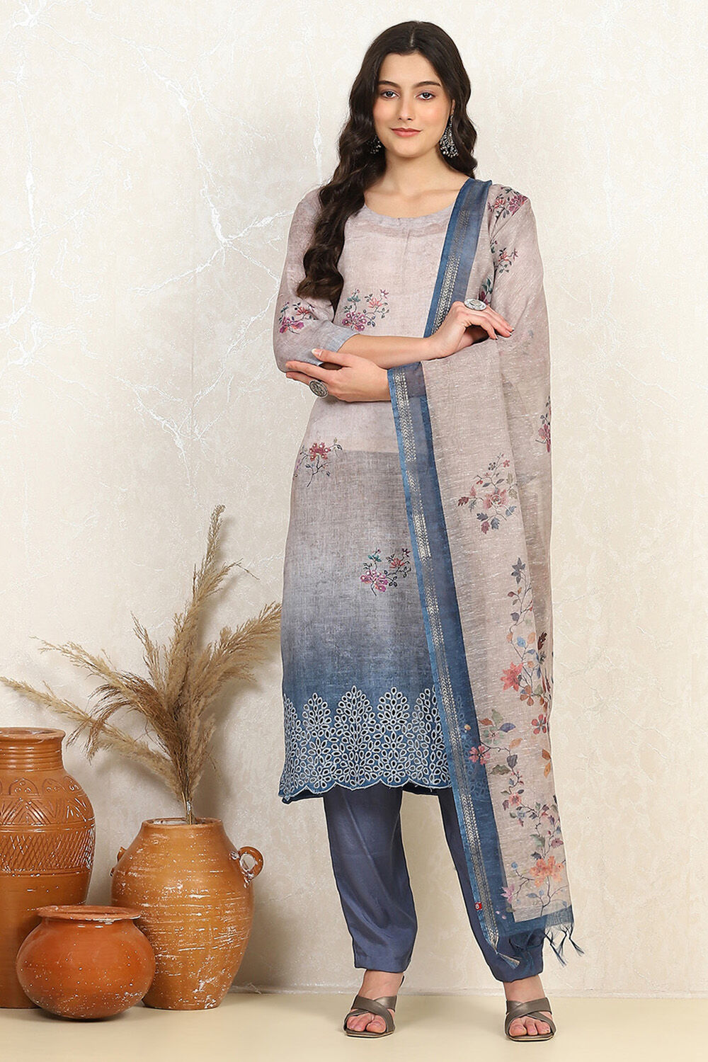 Rust Linen Printed Unstitched Suit Set image number 7