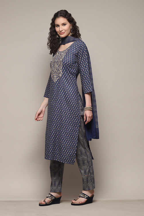 Blue Cotton Hand Embroidered Unstitched Suit Set image number 6