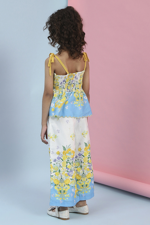 White Cotton Floral Printed Top and Pant Set image number 4