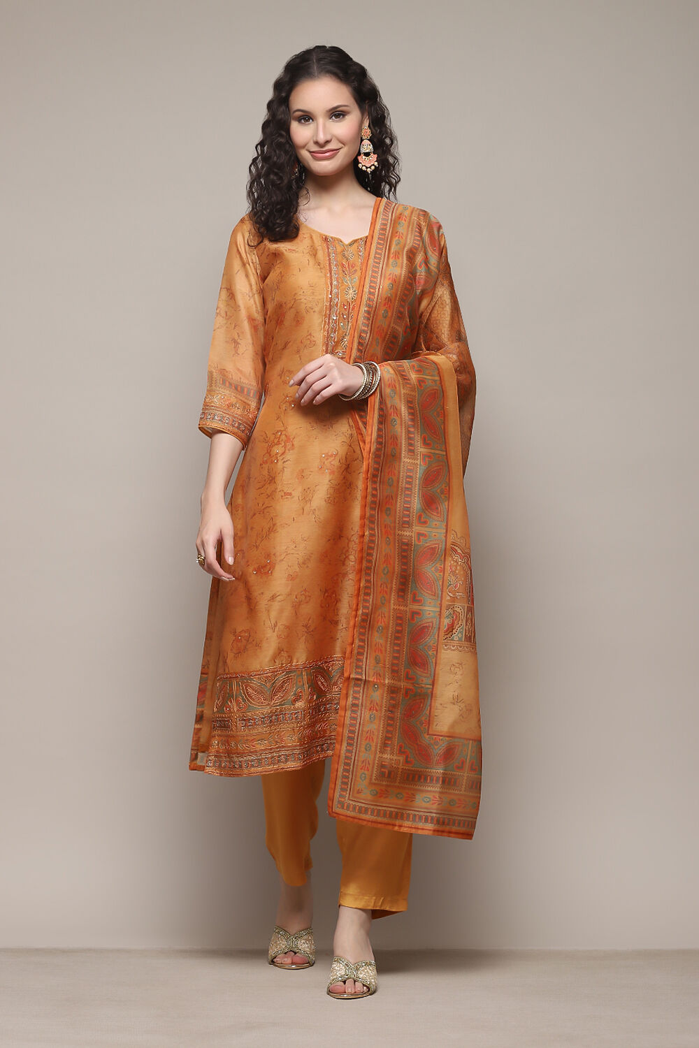 Mustard Chanderi Unstitched Suit Set image number 7