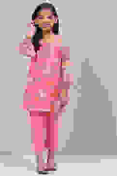 Peach Cotton Straight Printed Kurta Set image number 6