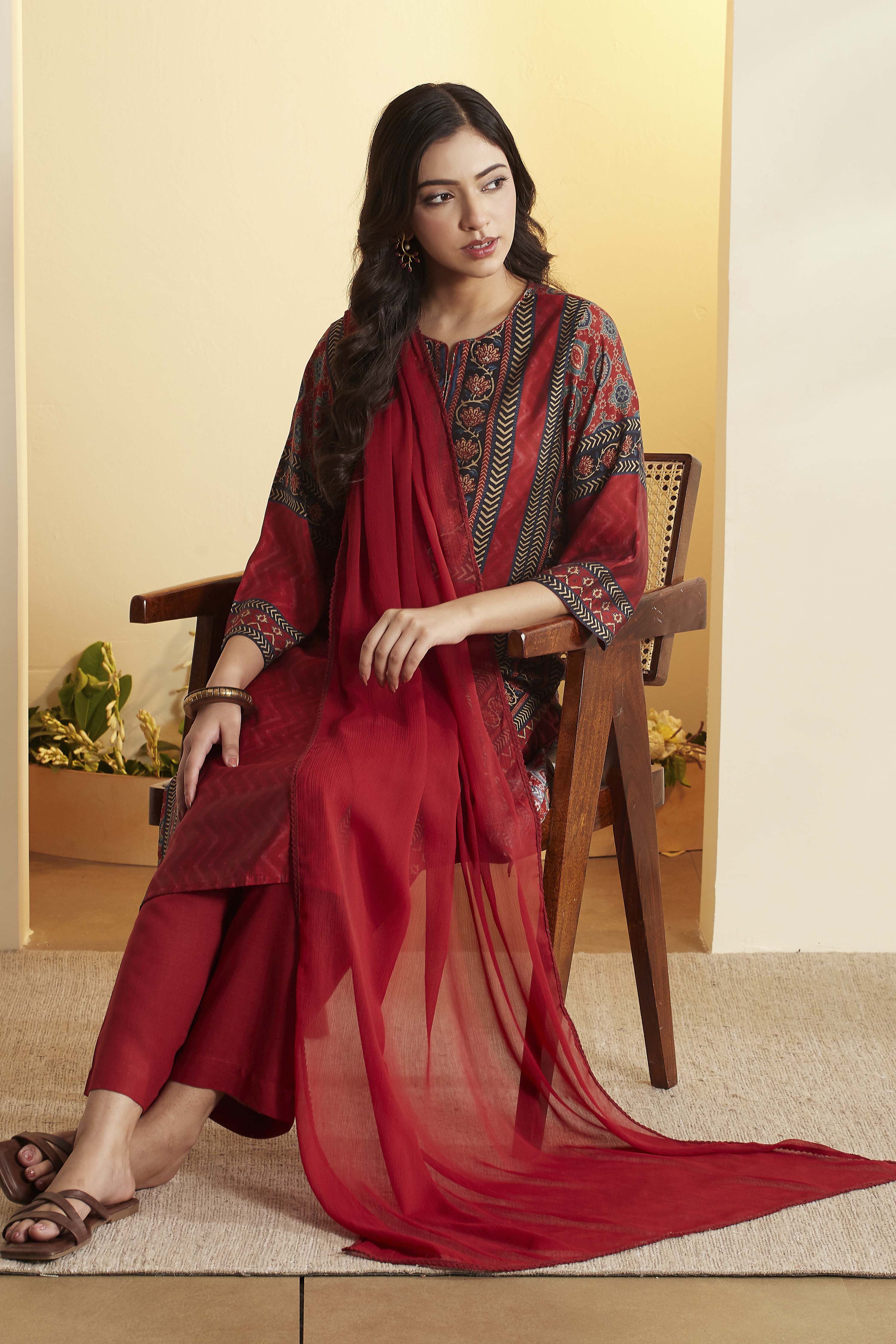 biba Rust Viscose Blend Straight Suit SetRust Viscose Blend Straight Suit Set-picture-488