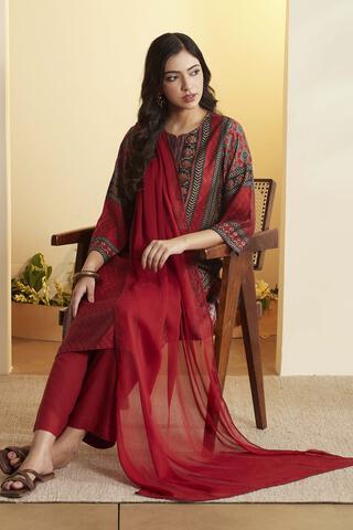 BIBA Viscose Blend Printed Straight Semi-Formal Kurta With Palazzo And Dupatta in Rust