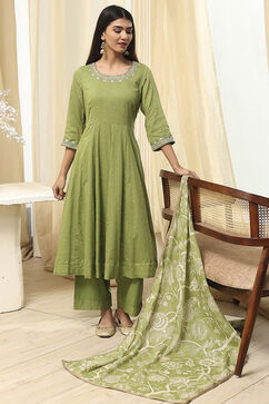 Green Cotton Foil Printed Anarkali Suit Set image number 0