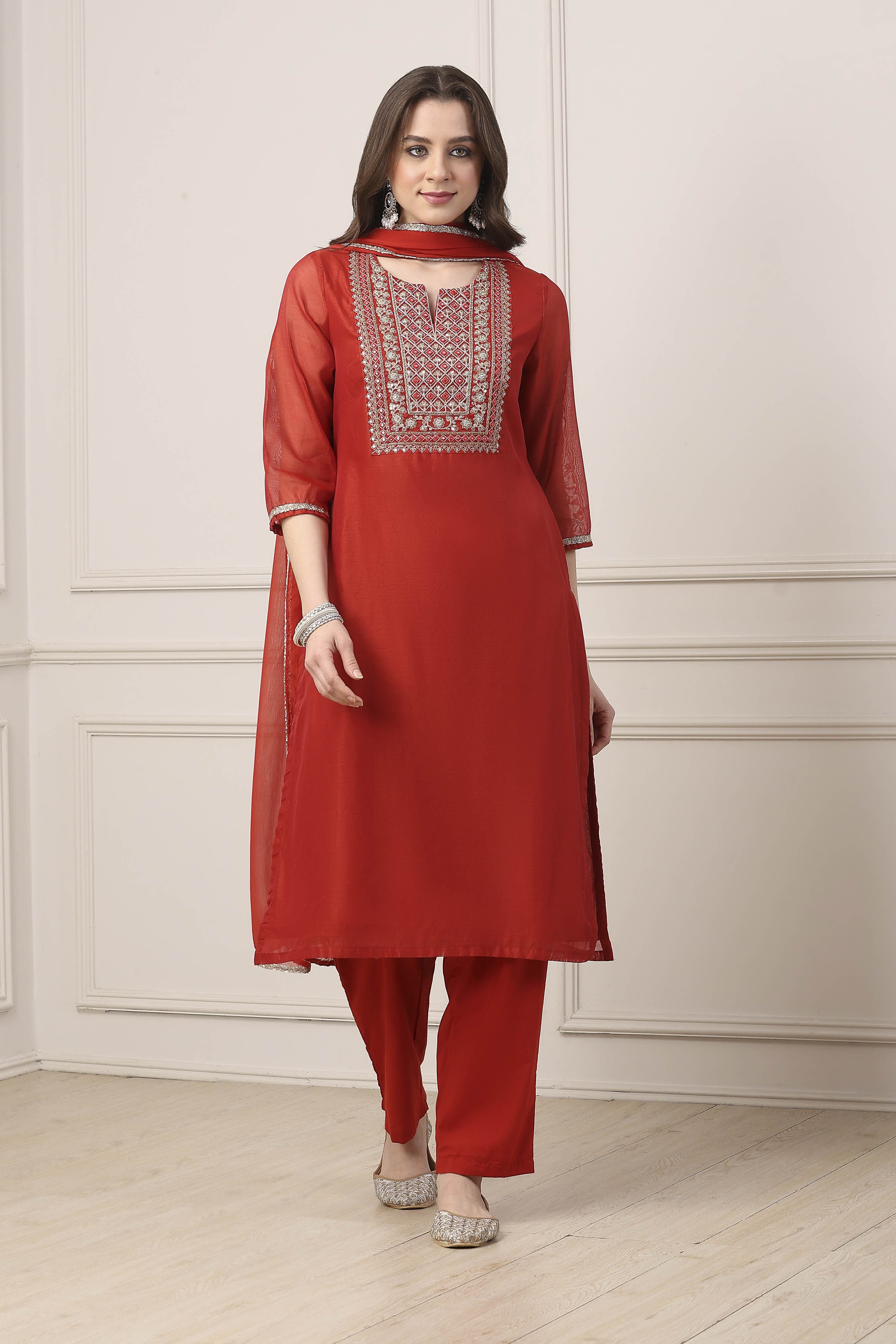 Red Poly Chanderi Straight Suit Set image number 6
