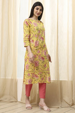 Yellow Cotton Straight Printed Kurta image number 3