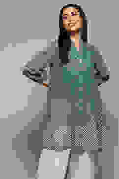 Teal Polyester Straight Printed Top image number 5