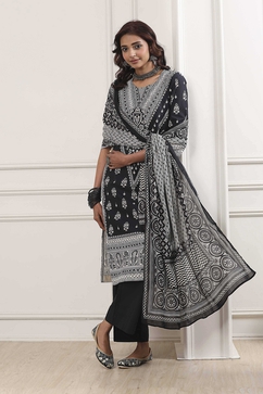 Black Cotton Printed Straight Suit Set