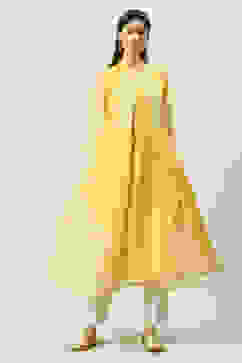 Yellow Art Silk Flared Printed Kurta with Jacket image number 6