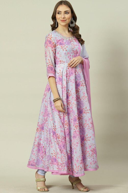 Powder Blue Printed Anarkali Kurta Churidar Suit Set image number 0