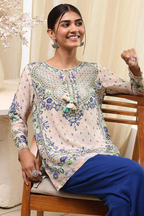 Off-White-Pink Modal Blend Straight Printed Short Kurta image number 6