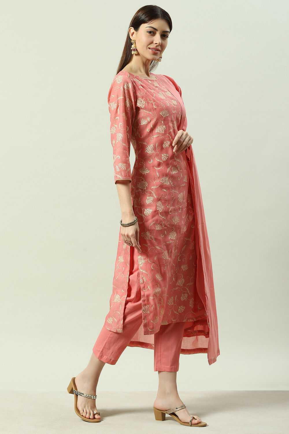 Sage Green Printed Straight Kurta Regular Pants Suit Set image number 6