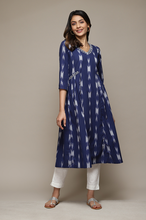 Navy Cotton IKAT Straight Yarndyed Kurta image number 5