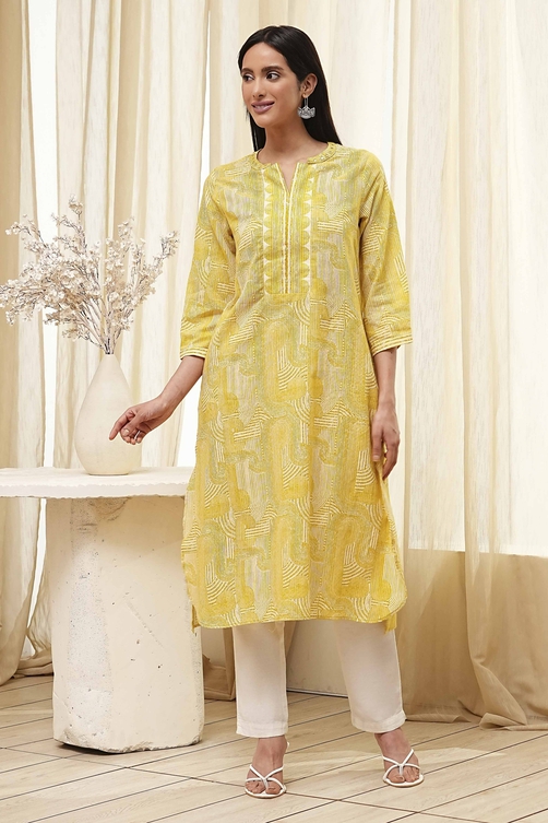 Yellow Cotton Printed Straight Kurta image number 5