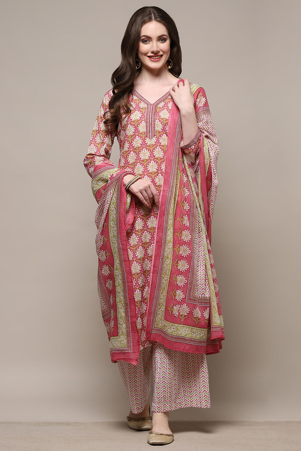 Blue Cotton Screen Printed Unstitched Suit Set image number 8