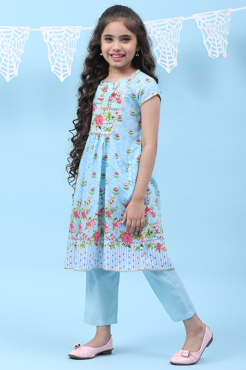 Sky Blue Art Silk Straight Printed Kurta Set image number 0