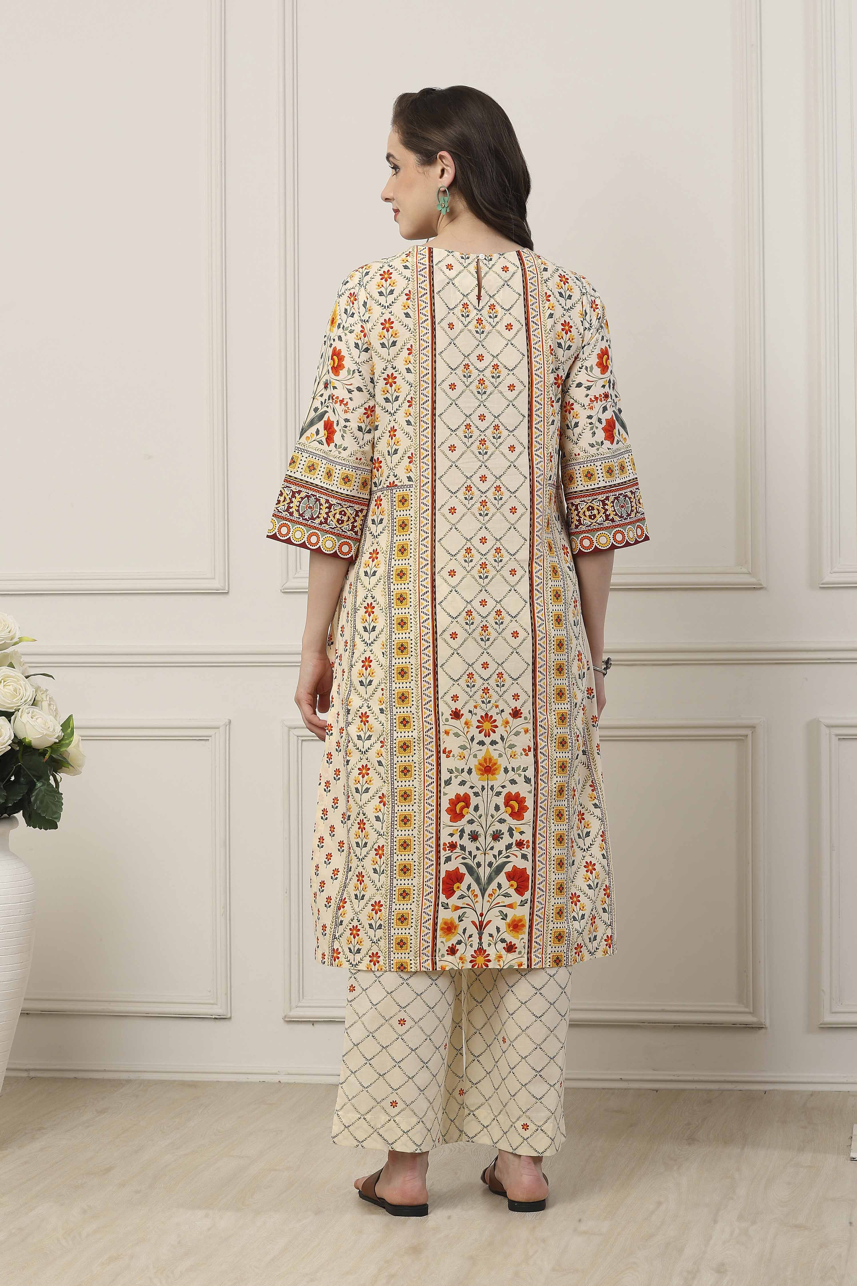 Beige Cotton All-Over Floral Straight Suit Set image number 4
