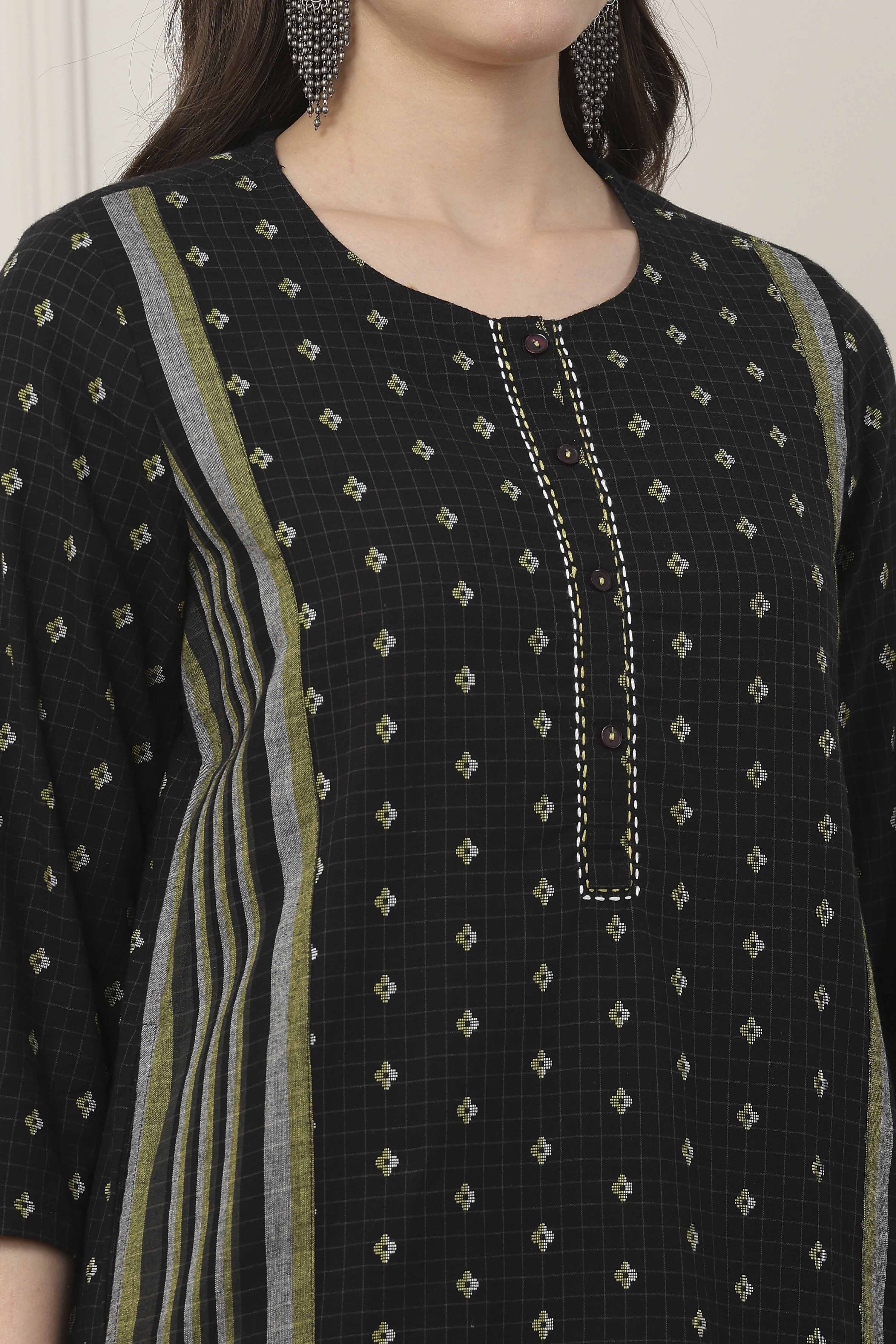 Black Cotton Floral Striped Straight Kurta image number 2