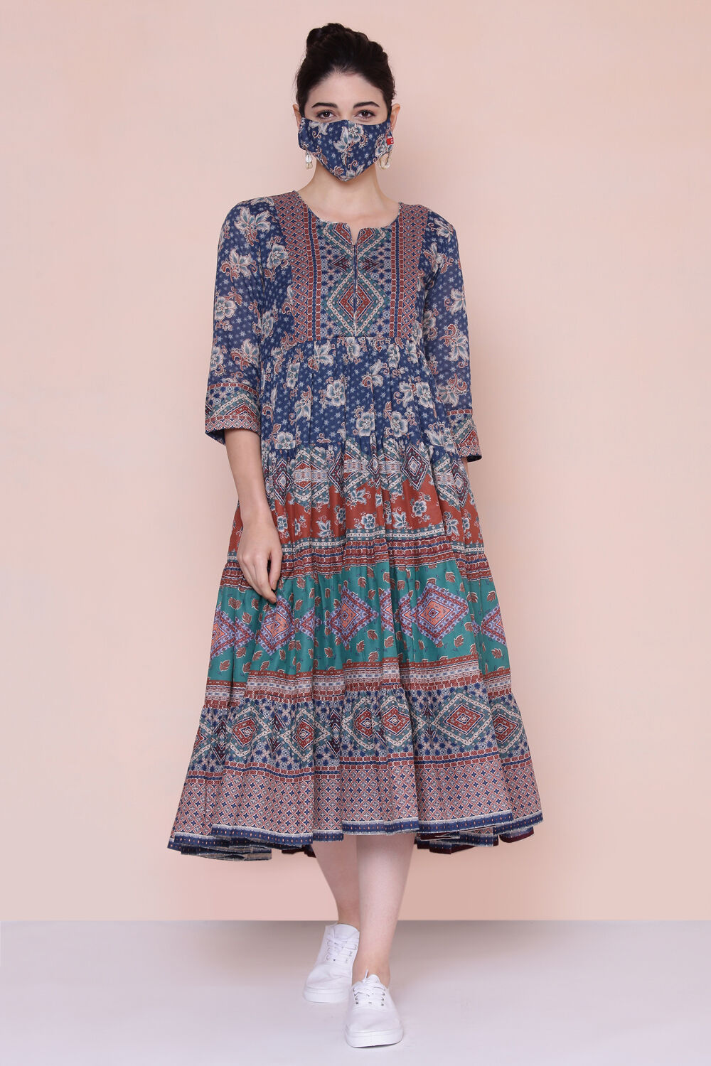 Navy Cotton Tiered Dress image number 4