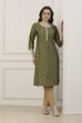 Green All-Over Floral Printed Straight Kurta