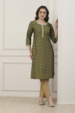 Green All-Over Floral Printed Straight Kurta