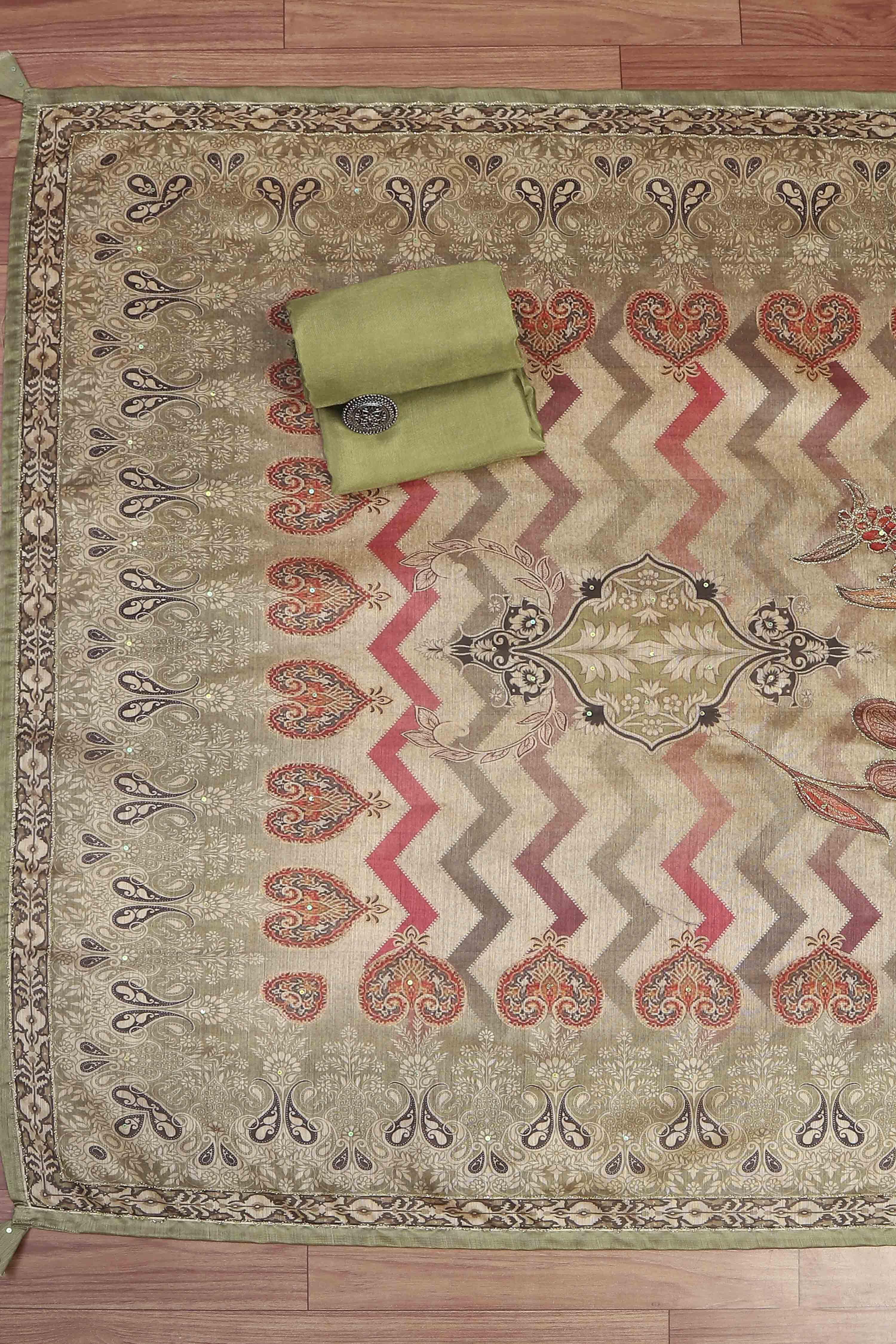 Olive Chanderi Unstitched Suit Set image number 3