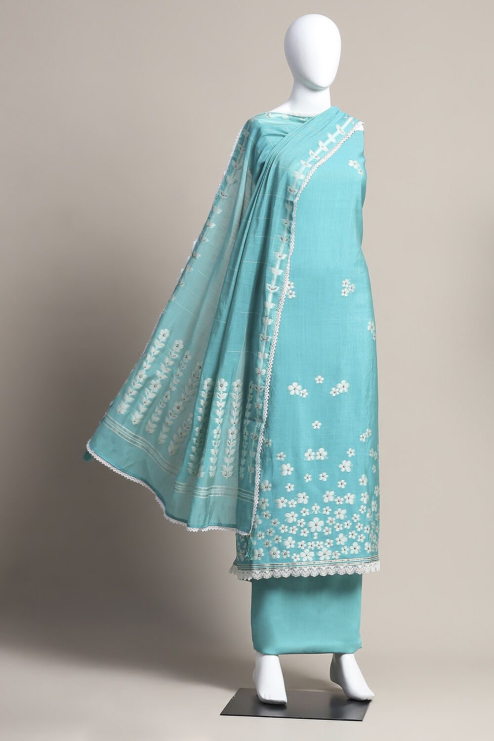 Blue Chanderi Unstitched Suit Set image number 0