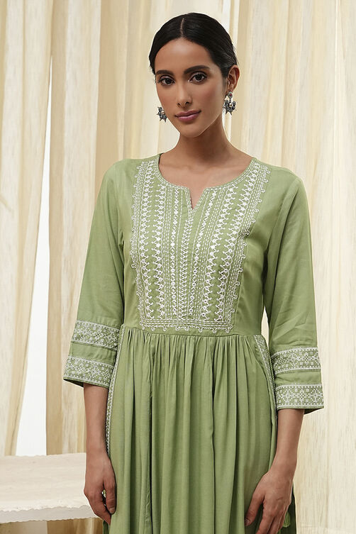 Olive Green Embroidered Gathered Suit Set image number 1