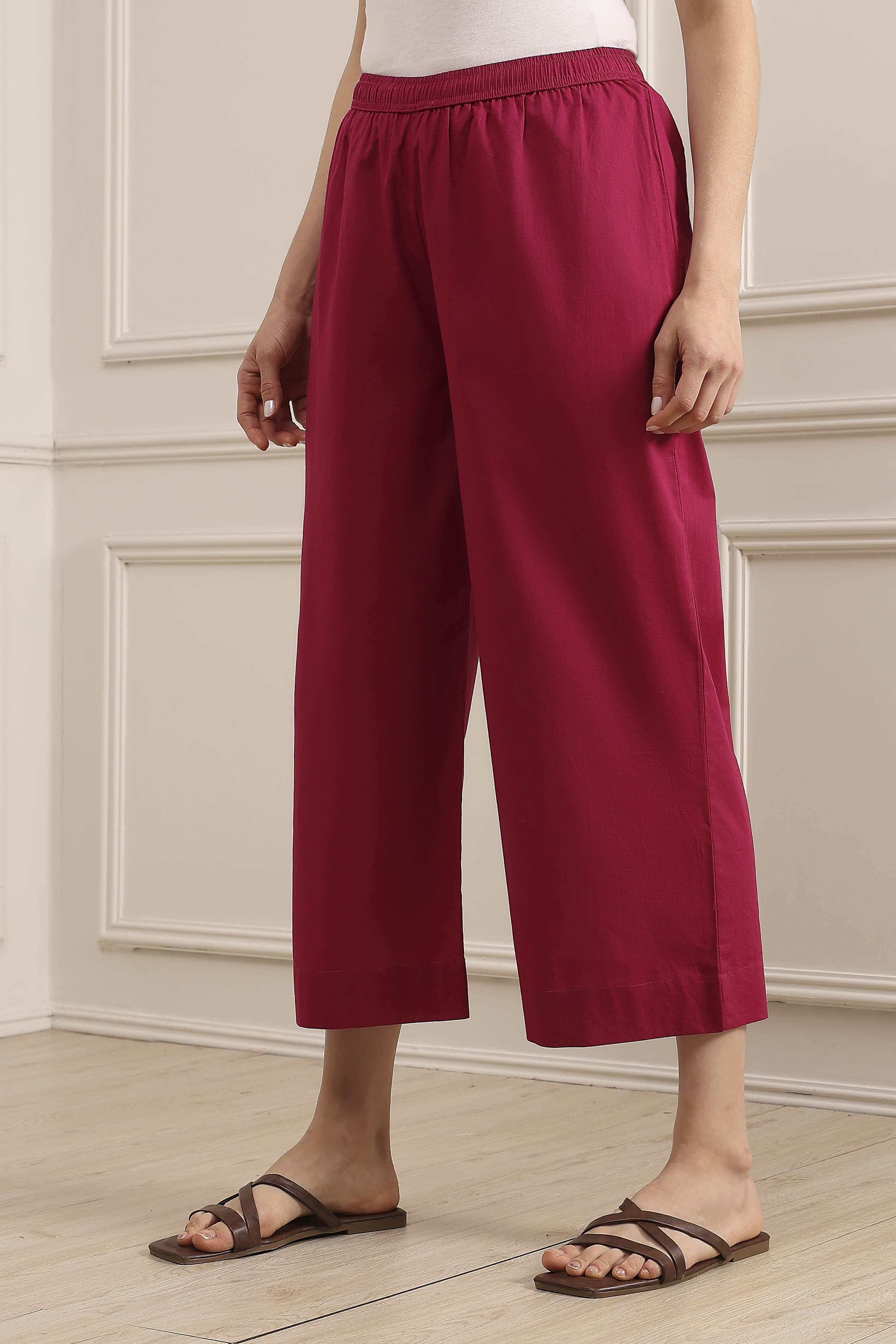 Pink Cotton Straight Palazzos image number 2