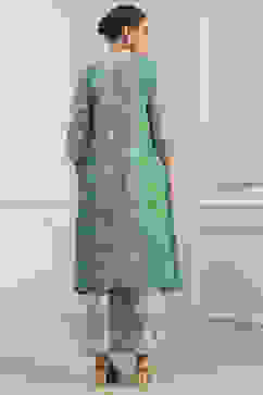 Sea Green Cotton Printed A-Line Suit Set image number 4