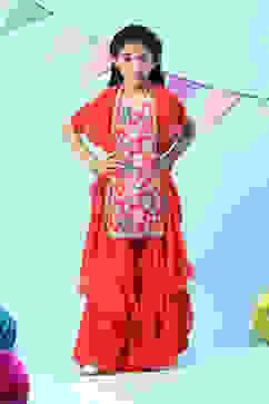 Red Polyester A-Line Printed Kurta Sharara Suit Set image number 0