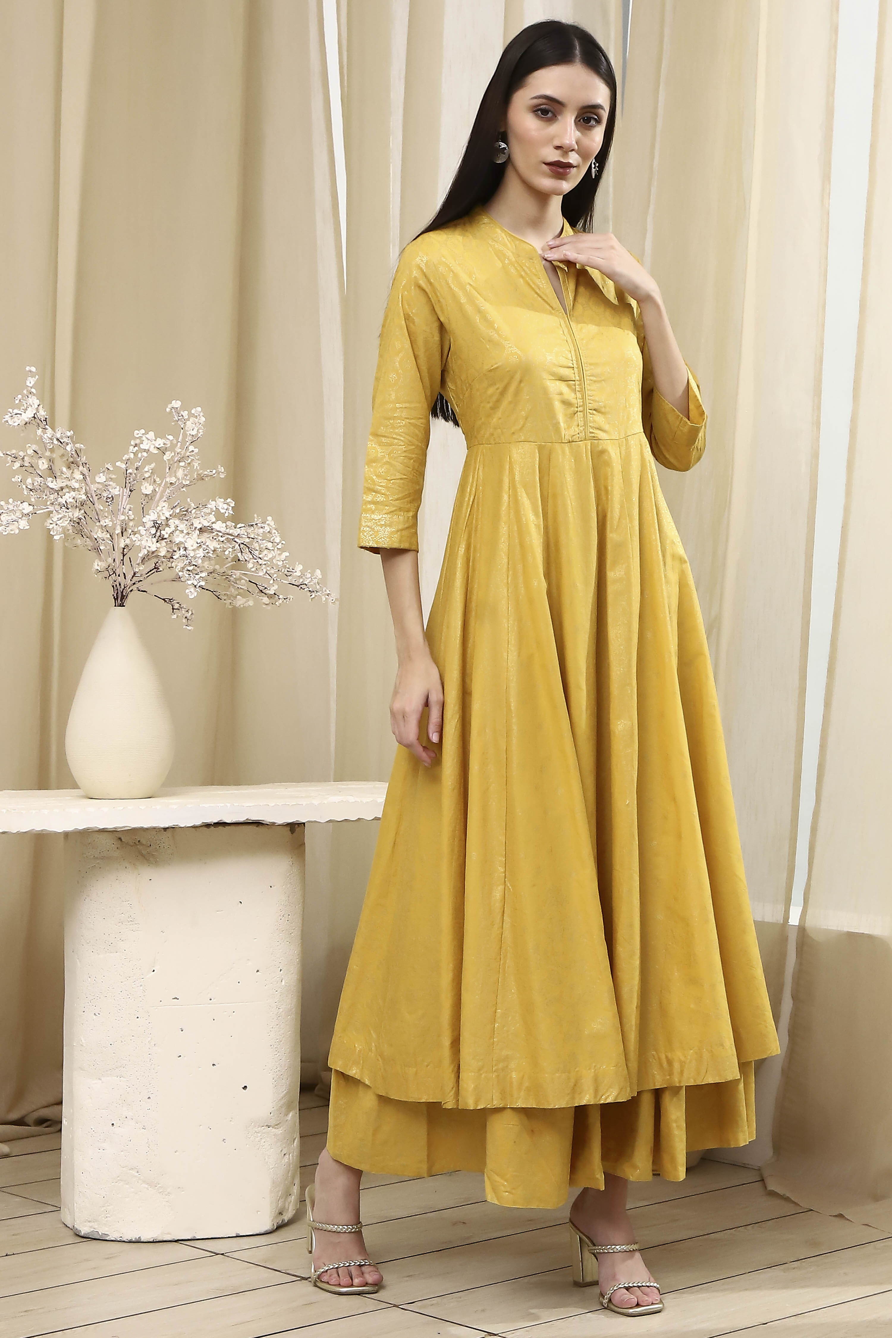 Lime Yellow Cotton Layered Anarkali Dress image number 4