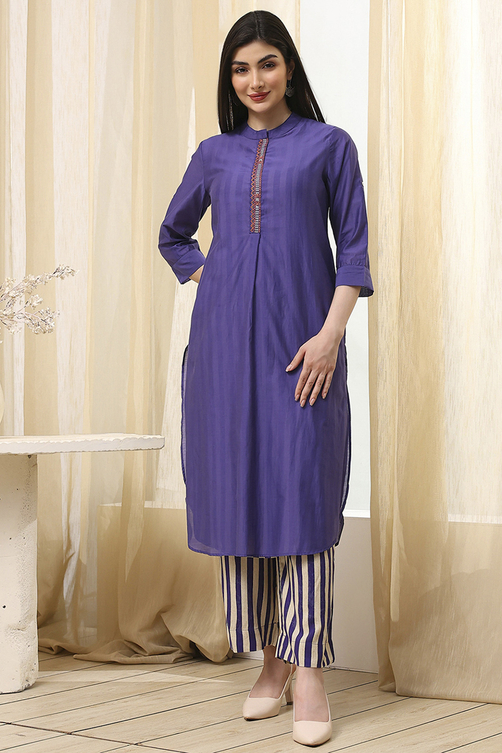Blue Striped Layered Kurta Set - Main Image