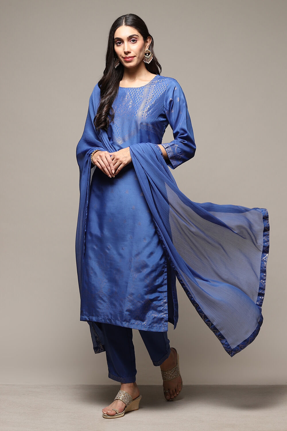 Blue Art Silk Straight Kurta Regular Pant Suit Set image number 0