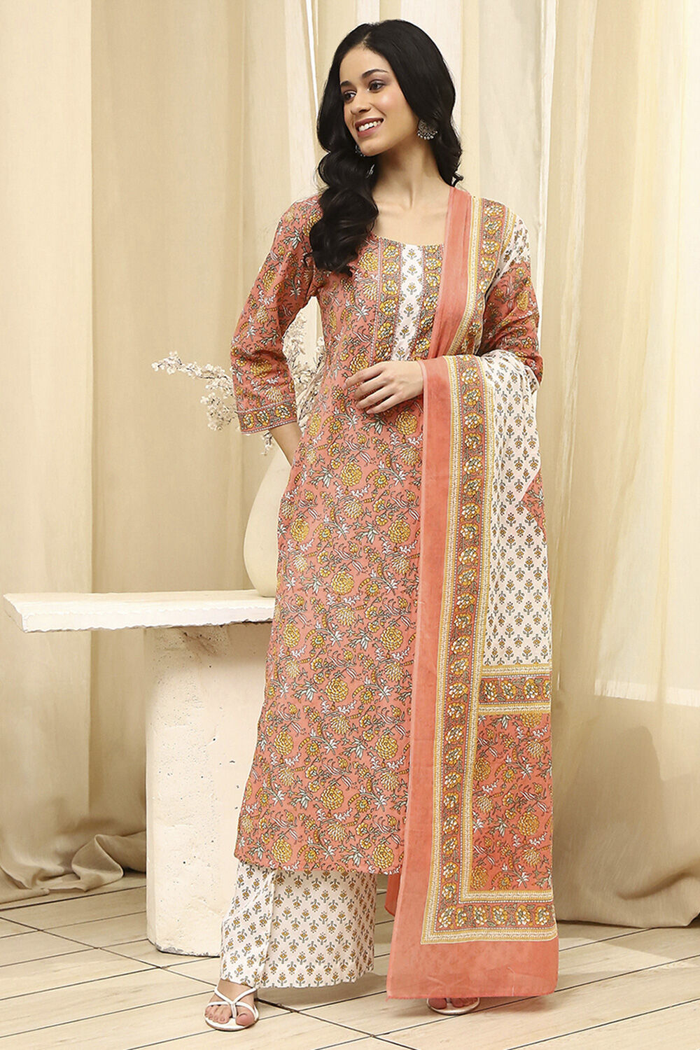 Peach and White Cotton Screen Print Unstitched Suit Set image number 1