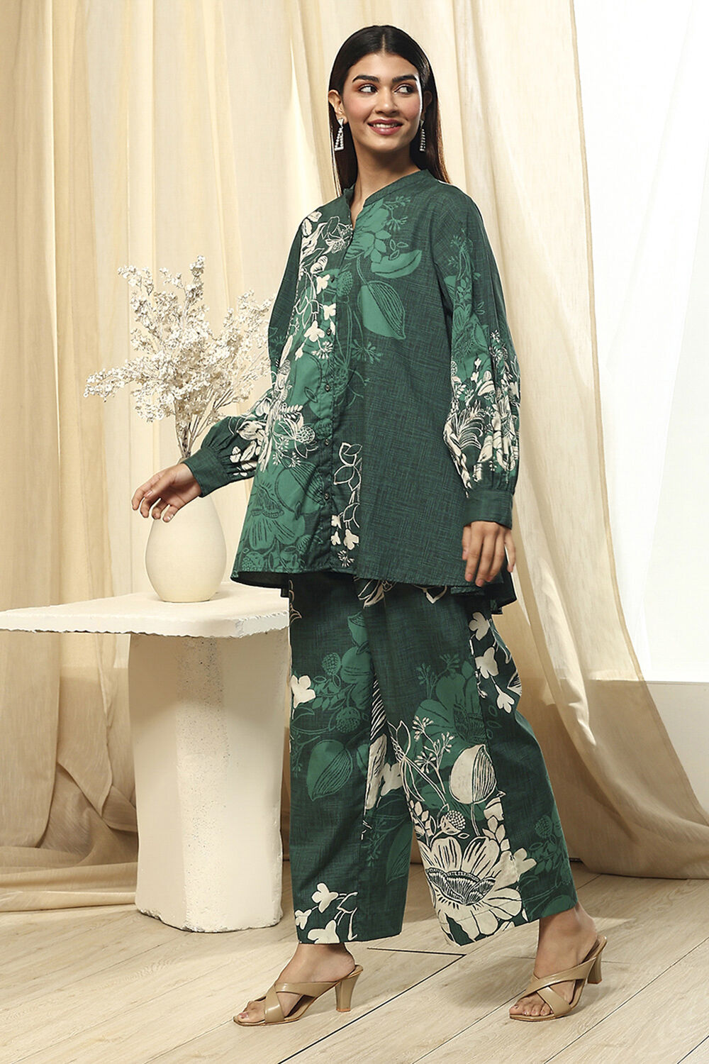 Green Cotton Floral Printed Co-ord Set image number 3