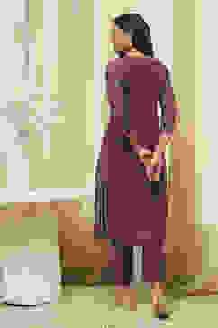 Purple Art Silk Straight Kurta Slim Pant Suit Set image number 5