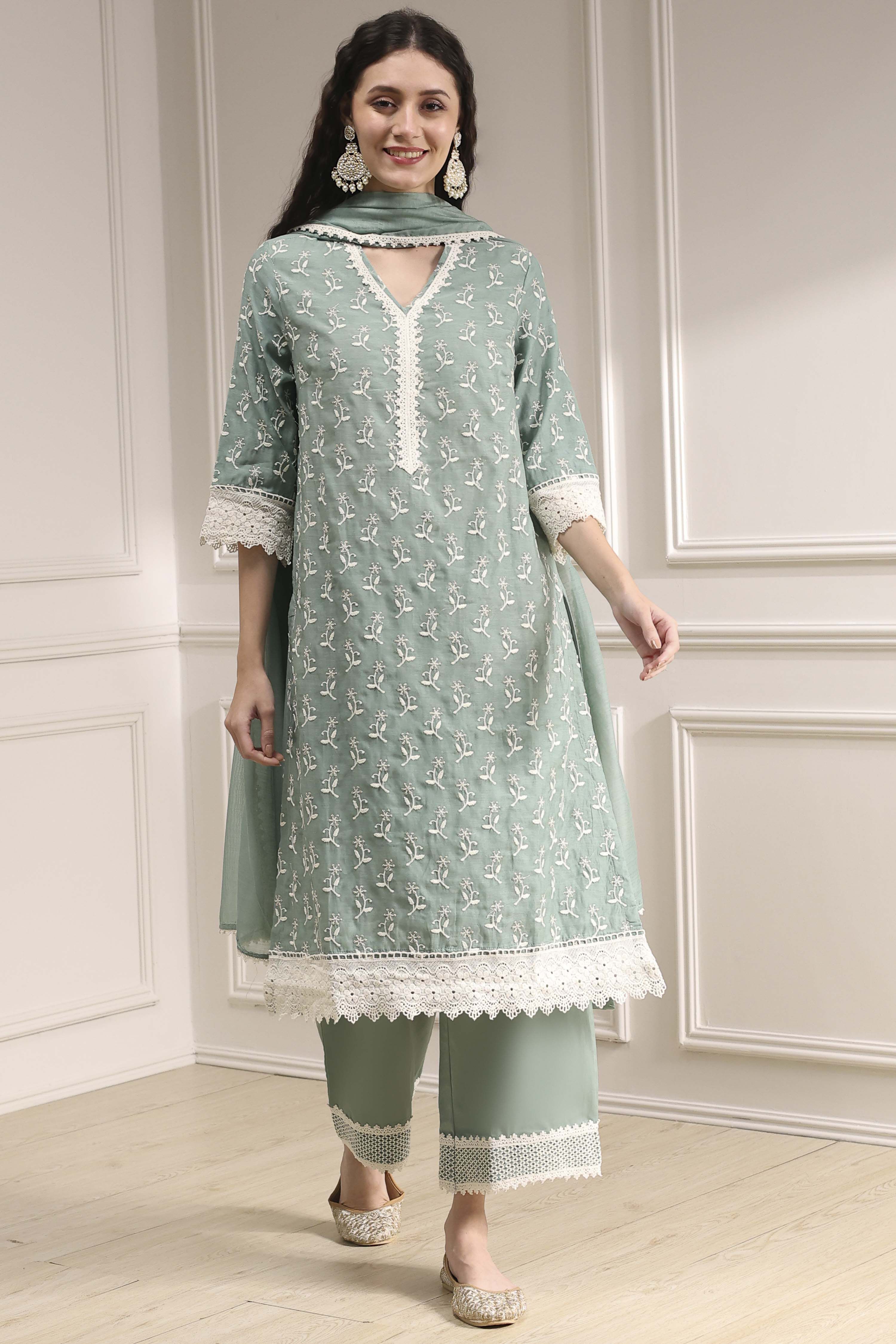 Sap Green Chanderi Straight Suit Set image number 6