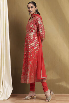 Red Cotton Printed Anarkali Suit Set image number 3