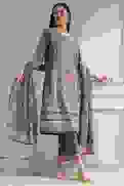 Grey Cotton Printed Straight Suit Set image number 0